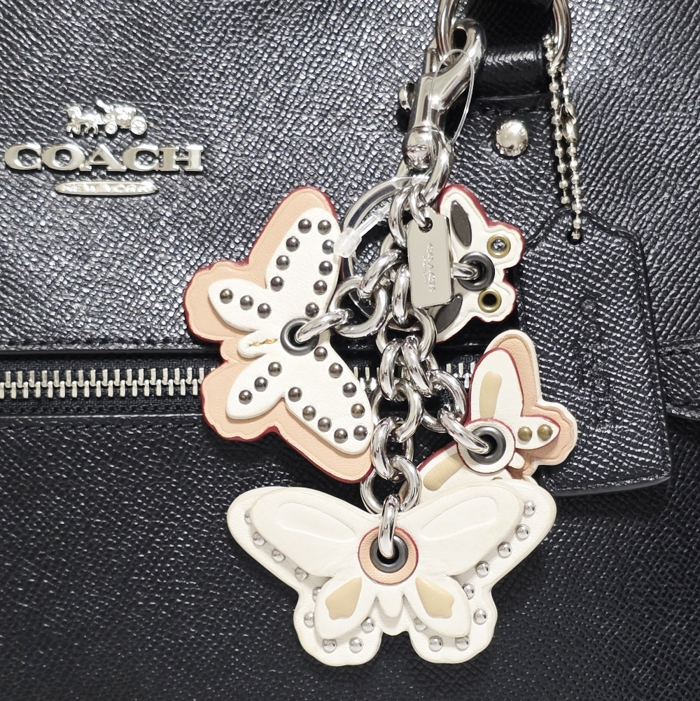 Cute! Coach Butterfly Mix Charm Silver Rivets Studs CHALK Keychain Bag Fob RARE